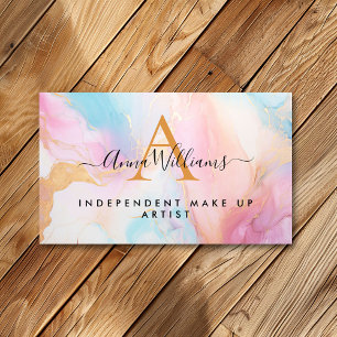 Monogram Pastel Rainbow and Gold Modern Marble Business Card