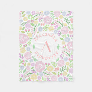 Monogram Pastel Roses Fleece Blanket for Baby Girl