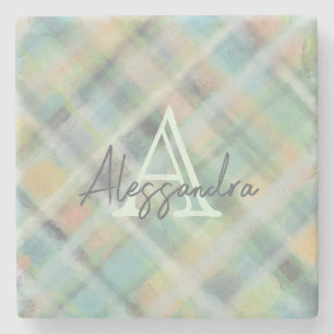 Monogram pastel tartan green grey yellow teal  stone coaster