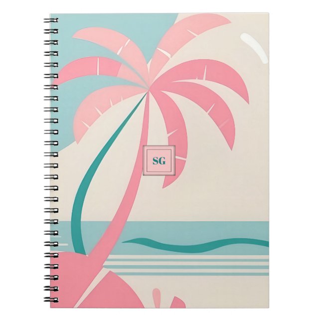Monogram pastel tropical beach pink and teal notebook (Front)