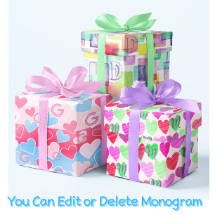Monogram Pastel Watercolor Heart Pink Blue Elegant Wrapping Paper Sheet
