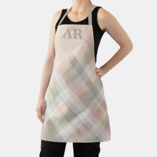 Monogram Pastel Watercolor Plaid Peach Sage Chic Apron