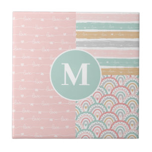 Monogram - Patchwork  Hearts Rainbow  Ceramic Tile