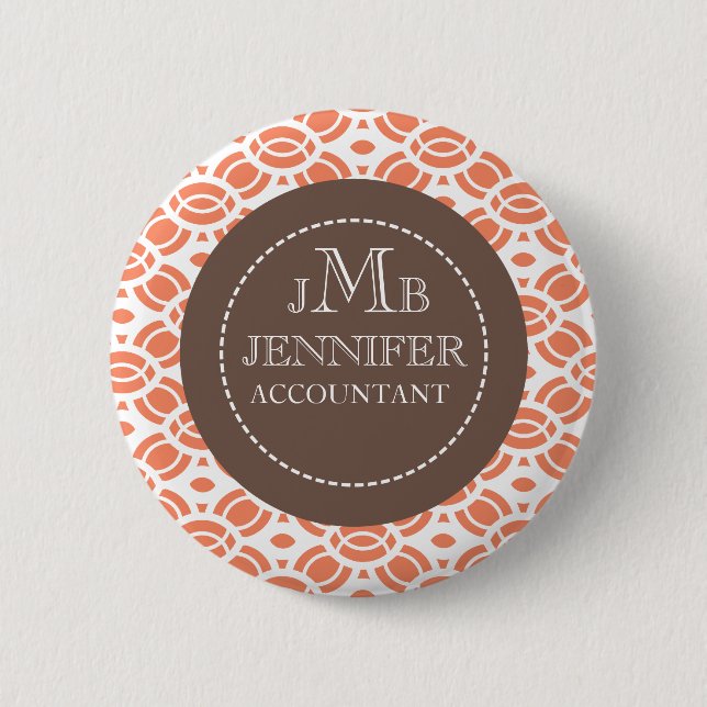 Monogram Pattern Name Badge Buttons Orange White (Front)