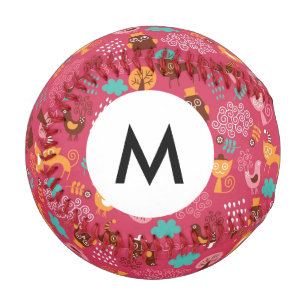 Monogram Pattern with cute birds and cats Baseball