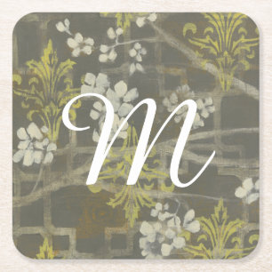 Monogram Patterned Blossom Branch I Square Paper Coaster