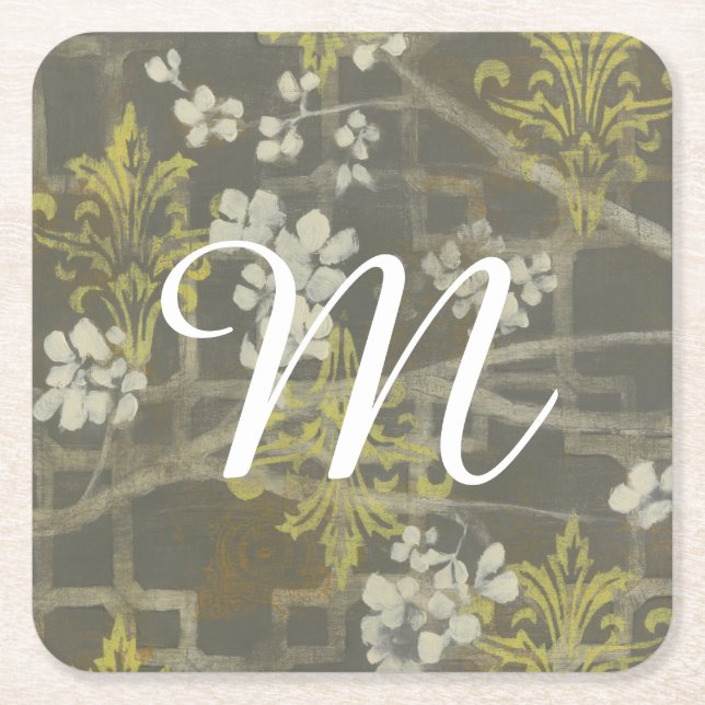 Monogram | Patterned Blossom Branch I Square Paper Coaster (Front)