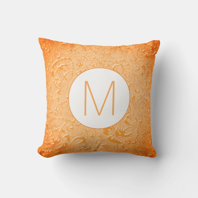 Monogram Peach Colour Embossed Floral Cushion (Front)