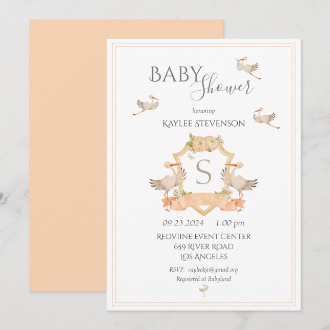 Monogram Peach Crest Baby Shower Invitation (Front/Back)