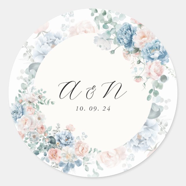 Monogram Peach Dusty Blue Faded Floral Wedding Classic Round Sticker (Front)