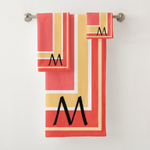 Monogram Peach Fruit Geometric Block Pattern Bath Towel Set