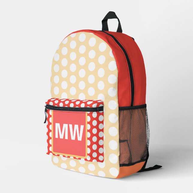 Monogram Peach Fruit White Polka Dots  Printed Backpack (Back Corner Right)