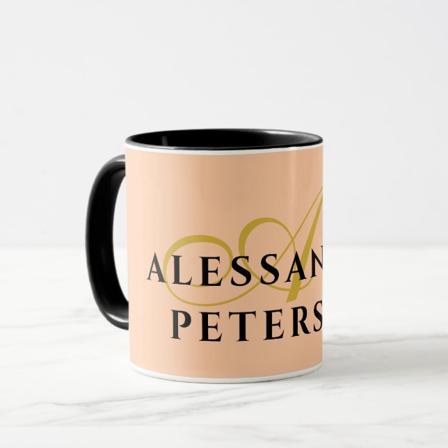 Monogram Peach Gold Black Name Minimalist Stylish  Mug (Front Left)