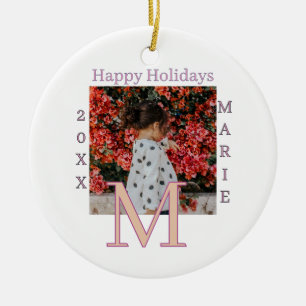 MONOGRAM PEACH GRAY NAME PHOTO YEAR CHRISTMAS HOLI CERAMIC TREE DECORATION