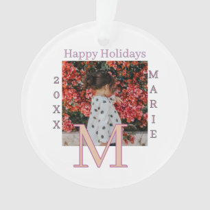 MONOGRAM PEACH GRAY NAME PHOTO YEAR CHRISTMAS HOLI ORNAMENT