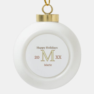 MONOGRAM PEACH GRAY NAME YEAR GOLDEN HOLIDAYS 20XX CERAMIC BALL CHRISTMAS ORNAMENT