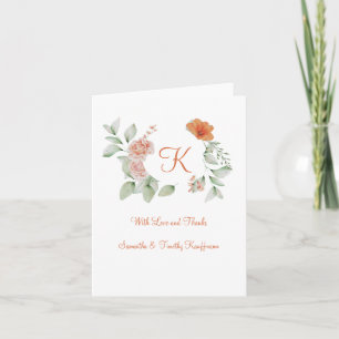 Monogram Peach Green Floral Wedding Thank you Note Card