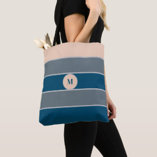 Monogram Peach Grey Blue Striped Modern Chic  Tote Bag