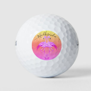 Monogram Peach Name Two Pink Flamingos Golf Balls