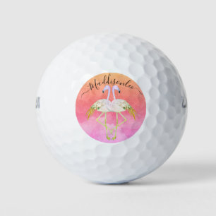 Monogram Peach Name Two Pink Flamingos Golf Balls