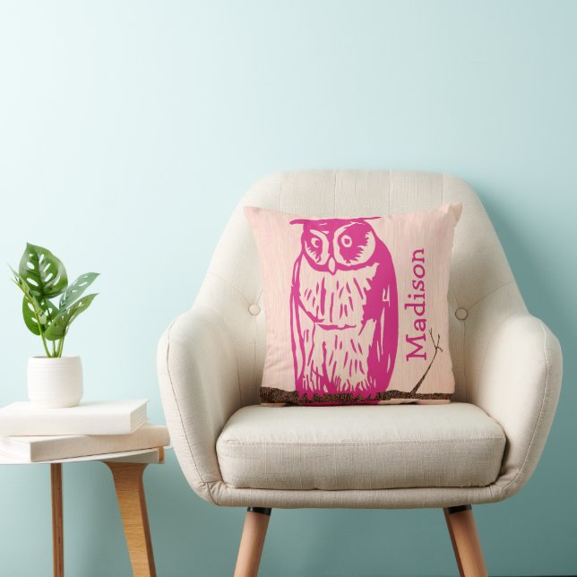 Monogram Peach Pink Baby Girl Vintage Owl Cushion (Chair)