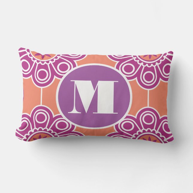 Monogram Peach Pink Purple Modern Flower Floral Lumbar Cushion (Front)