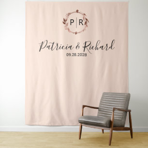 Monogram Peach Rose Gold Foil Wedding Backdrop Tapestry