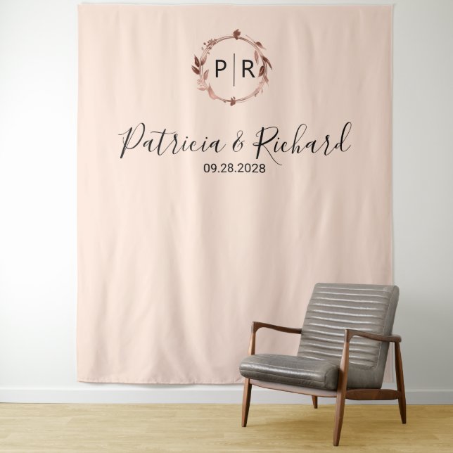 Monogram Peach Rose Gold Foil Wedding Backdrop Tapestry (In Situ)