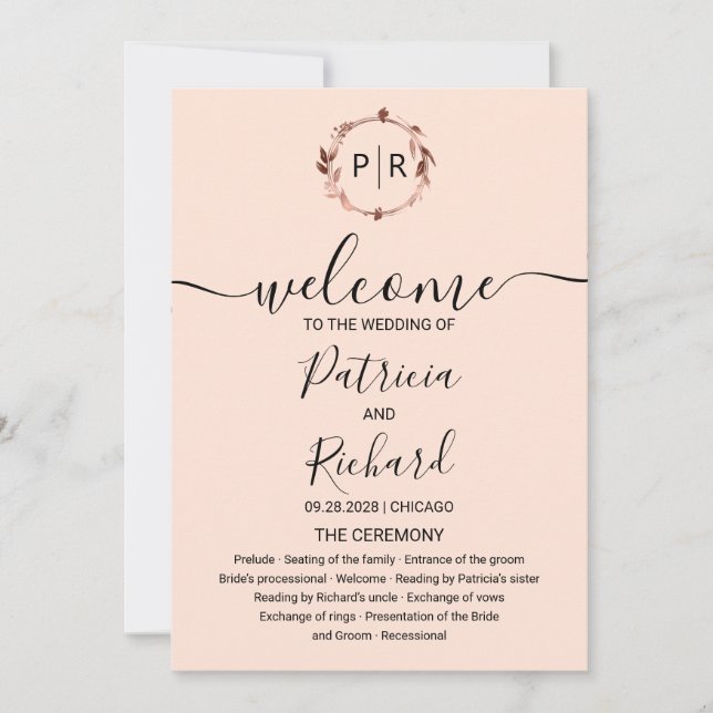 Monogram Peach Rose Gold Foil Wedding Program Invitation (Front)
