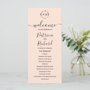 Monogram Peach Rose Gold Foil Wedding Program Programme