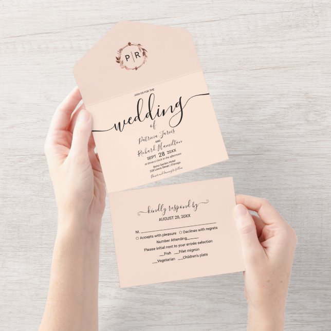 Monogram Peach Rose Wedding All In One Invitation (Tearaway)