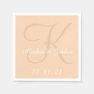 Monogram Peach Simple Colour Wedding Paper Napkins