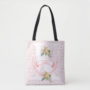 Monogram Peachy Pink Random Dot & Boho Floral Tote Bag