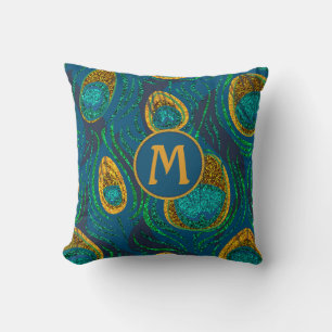 Monogram Peacock Feather Abstract Cushion