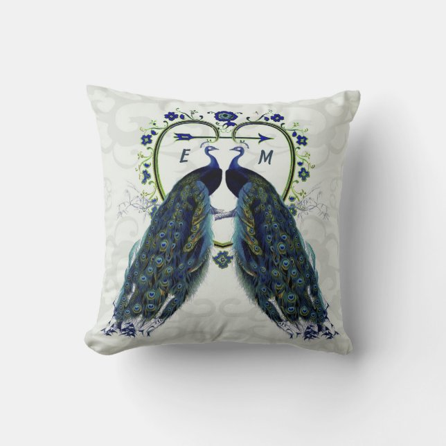Monogram PEACOCK HEART Wedding Anniversary Custom Cushion (Front)