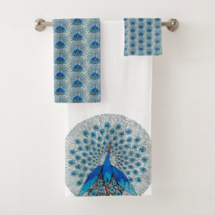 Monogram Peacock Teal Blue and White Monogram  Bat Bath Towel Set