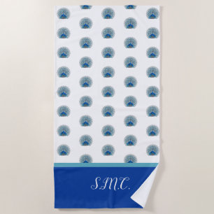 Monogram Peacock Teal Blue and White Monogram  Beach Towel
