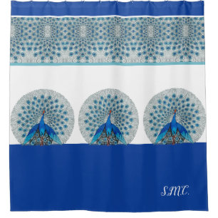 Monogram Peacock Teal Blue and White Monogram   Shower Curtain