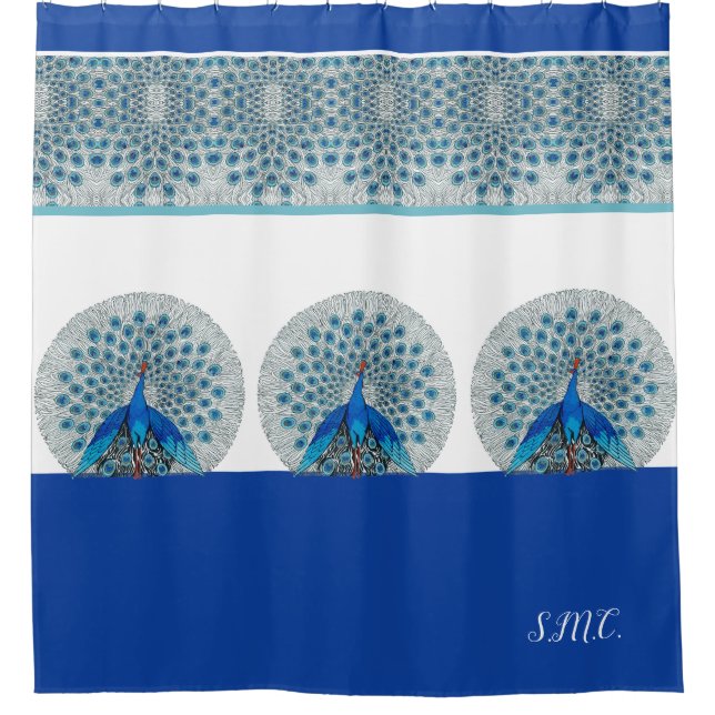 Monogram Peacock Teal Blue and White Monogram   Shower Curtain (Front)