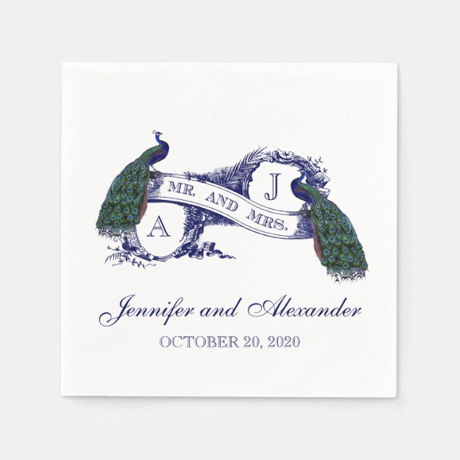 Monogram Peacock Wedding Paper Napkins (Front)