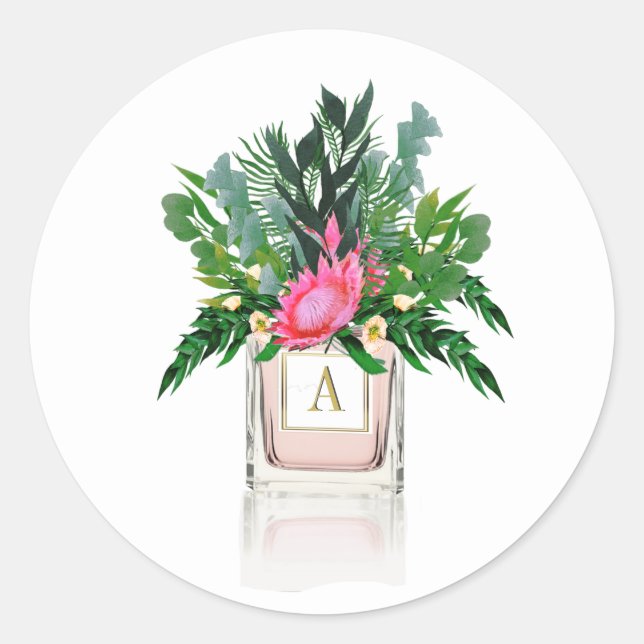 Monogram Perfume Bottle Protea Flowers Elegant Classic Round Sticker (Front)