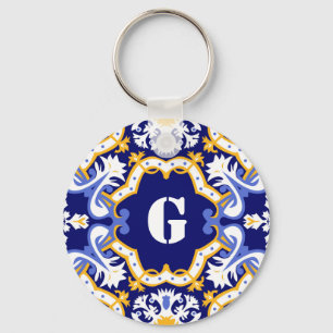 Monogram periwinkle, blue and yellow Azulejos Key Ring