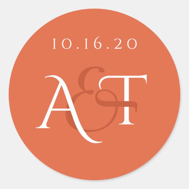 Monogram Persimmon Orange Wedding Initials Classic Round Sticker (Front)