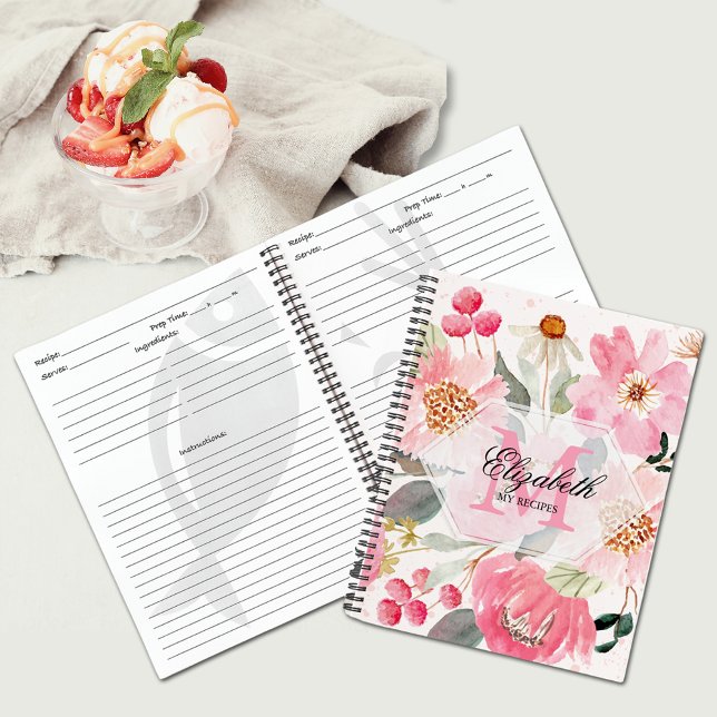 Monogram Personal Cooking Recipes Notebook (Floral personalized recipe notebook - SOFT or HARD cover)