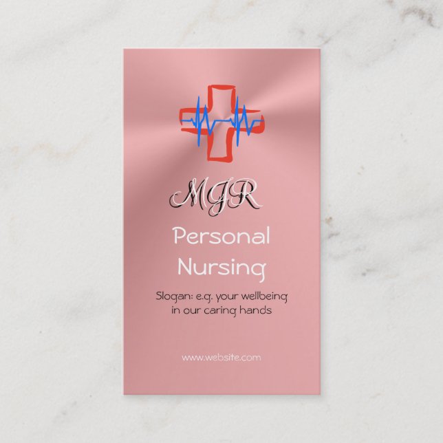 Monogram, Personal Nurse, ecg and red cross, Pink Business Card (Front)