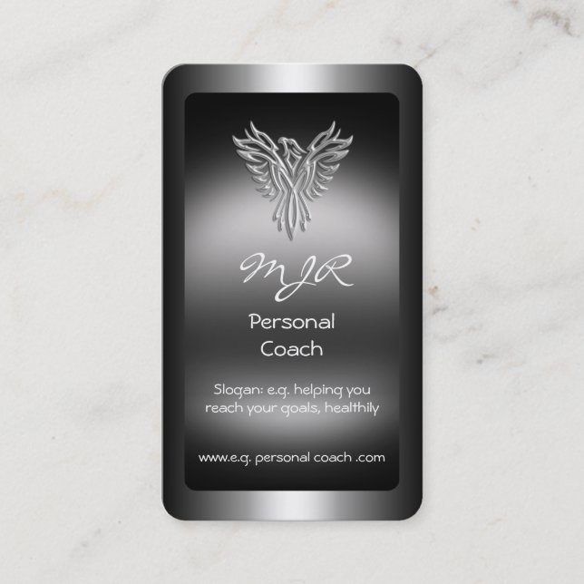 Monogram, Personal Trainer, silver-look Phoenix Business Card (Front)