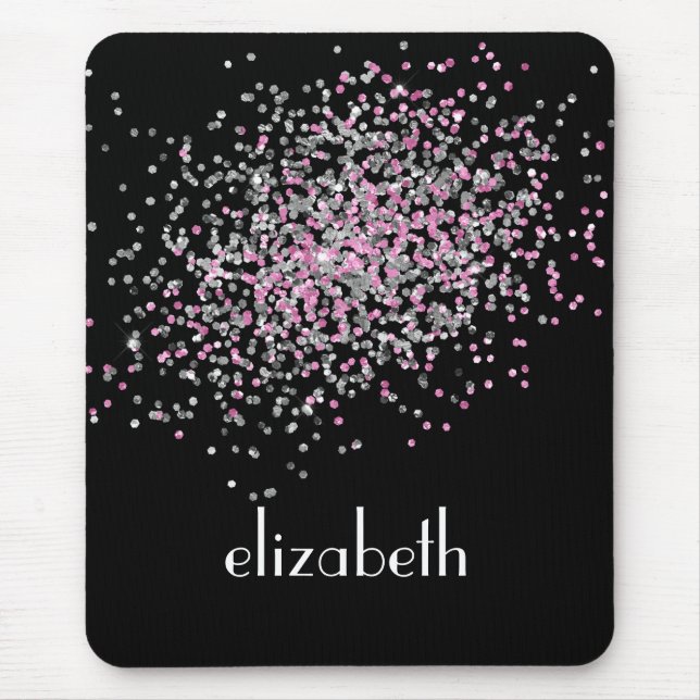 Monogram Personalise Black Pink Silver Glitter  Mouse Mat (Front)