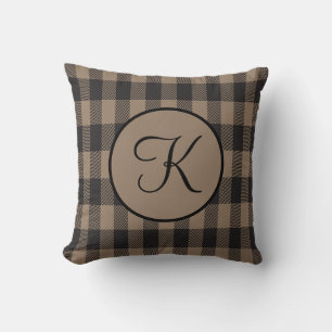 Monogram personalise Brown and Black Buffalo Plaid Cushion