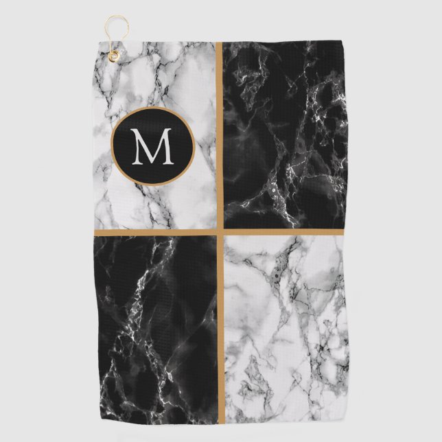 Monogram Personalise Golf Towel Black White Marble (Front)