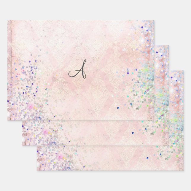 Monogram Personalise Pink Glitter Elegant Trendy Wrapping Paper Sheet (Set)